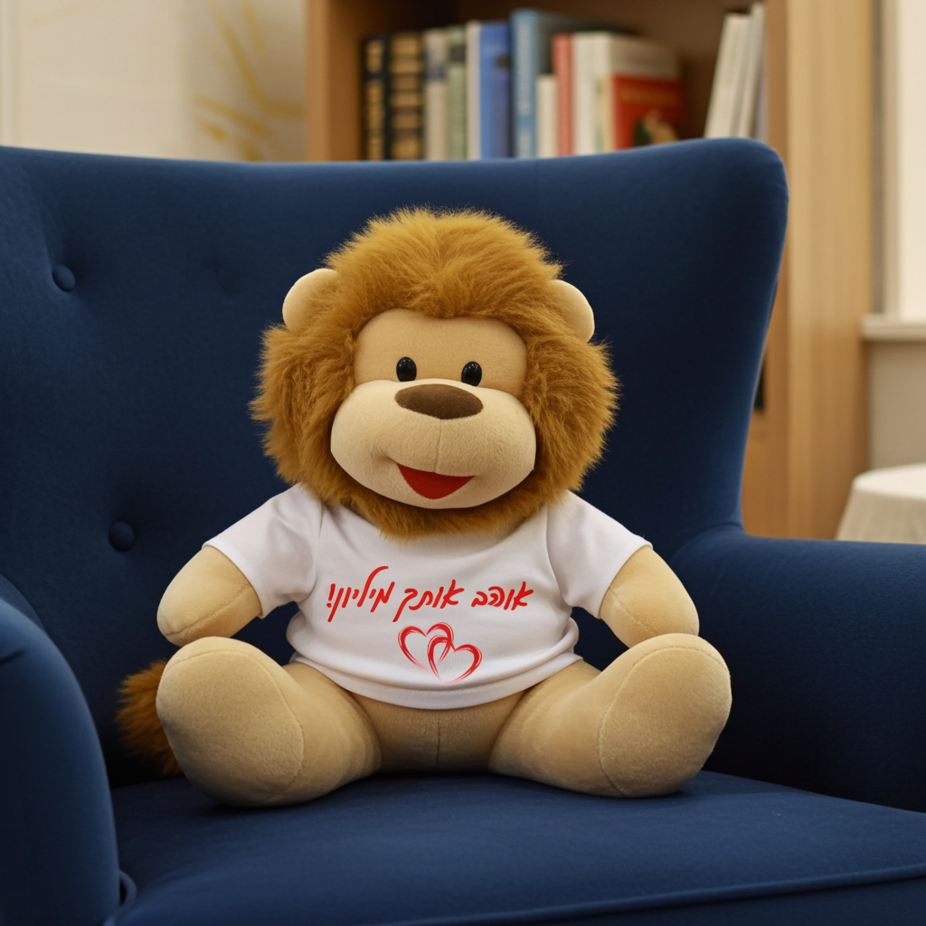 בובת אריה בינוני - מתנה לחג האהבה / ליום האהבה / לוולנטיין - אריה מפרווה עם חולצה מודפסת