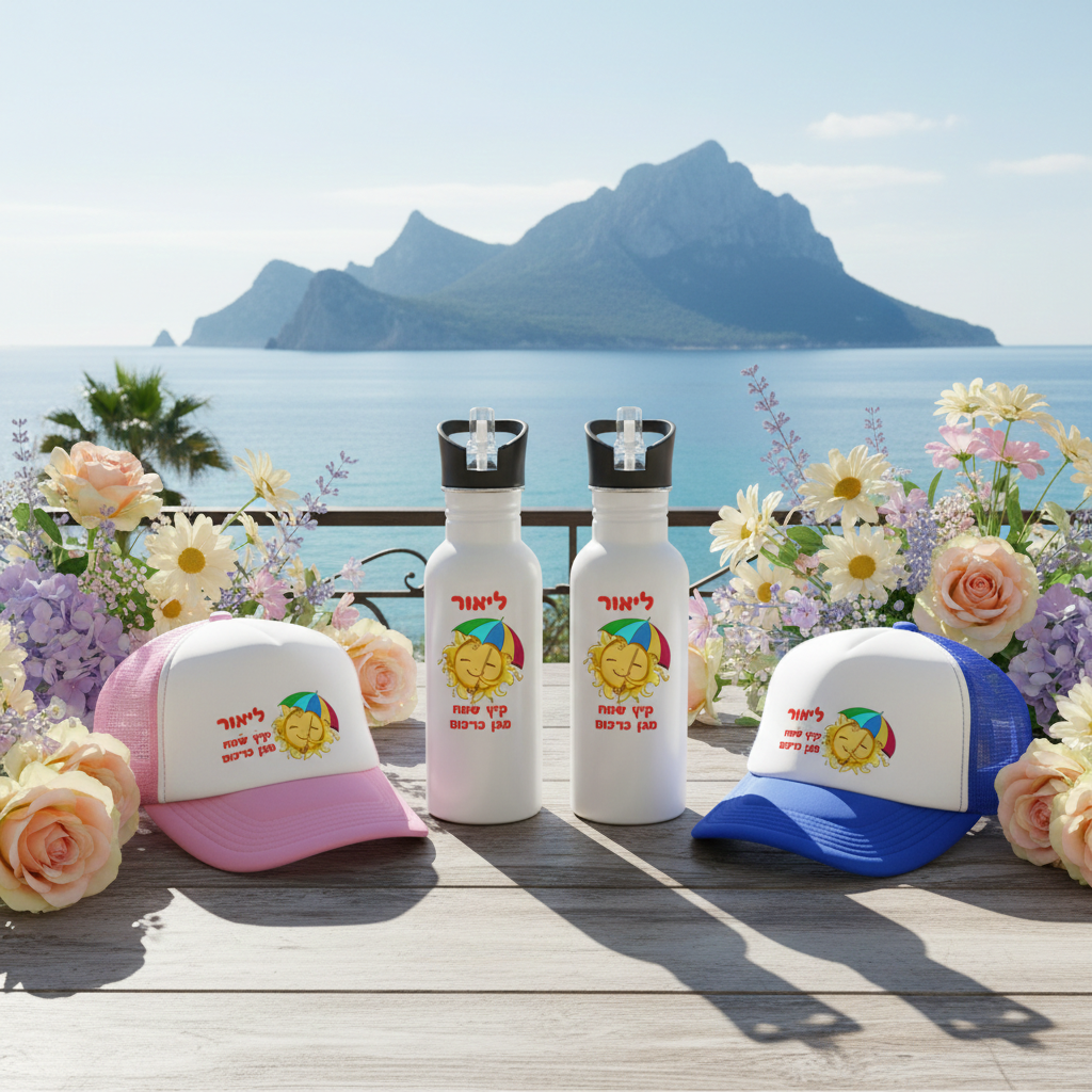 בקבוק וכובע לילדים עם הדפסה אישית לסוף שנה או לקייטנה. בשמש הישראלית הקופחת חייבים להגן על הילדים מפני הקרינה המזיקה של השמש, ולכן יצאנו במבצע "למה כובע".