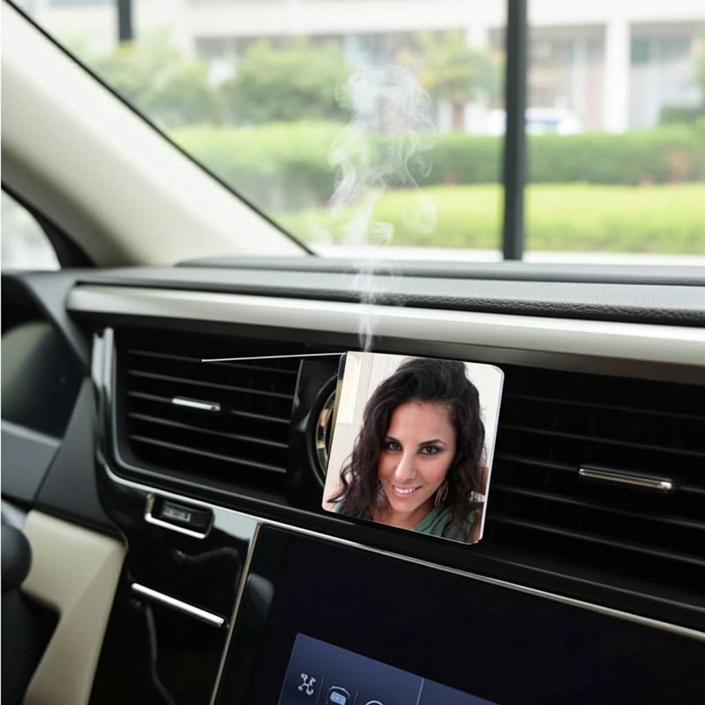 מפיץ ריח לרכב - מבשם אוויר עם תמונה אישית להצמדה לפתח האוורור של הרכב.