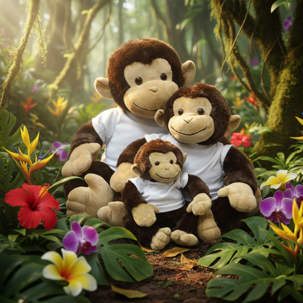 בובת פרווה קוף - קוף יושב מפרווה עם חולצה מודפסת