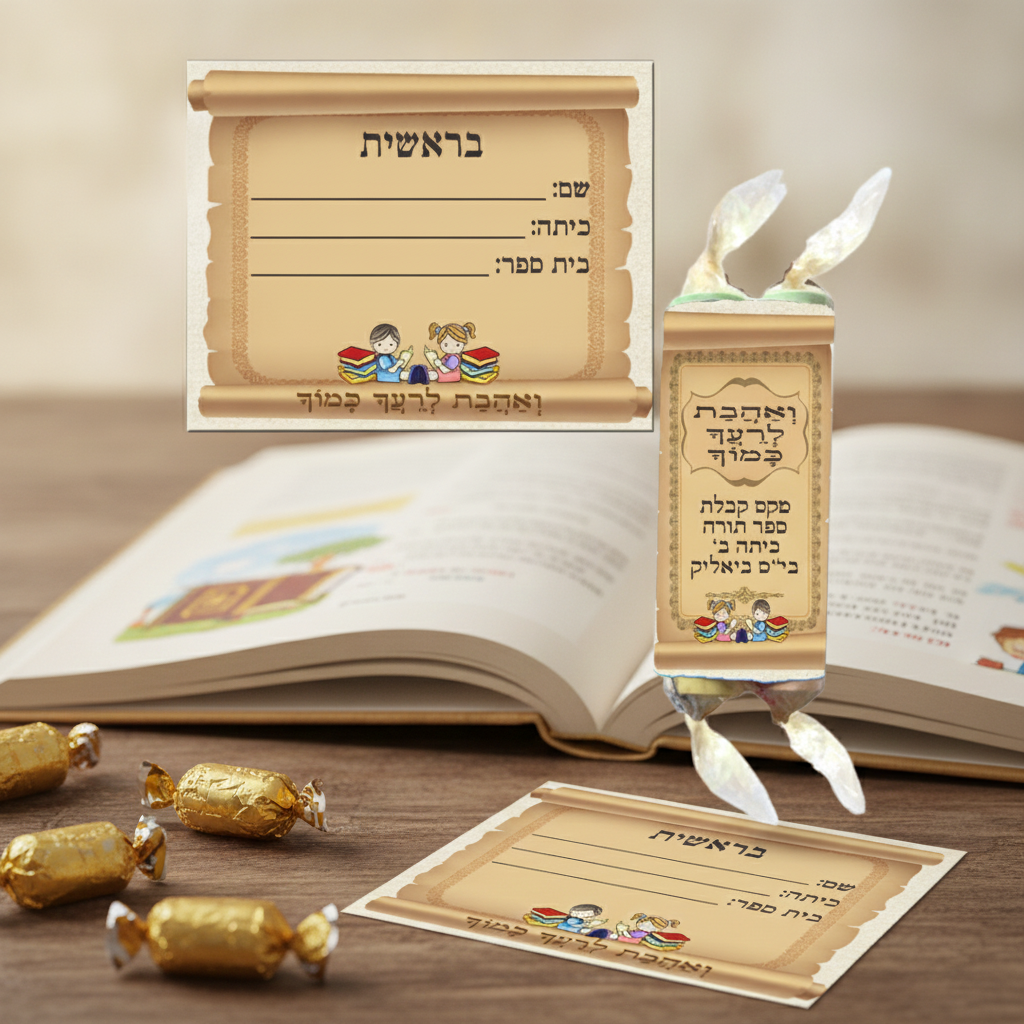 מדבקות וסוכריות ספר תורה - מתנות לקבלת ספר בראשית